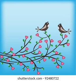 Two birds are singing on a branch of hearts.