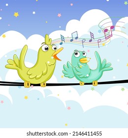Two Birds Singing On The Wire Illustration