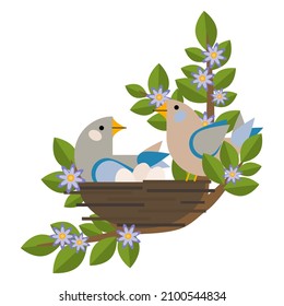 Two birds sit in a nest on the branches of a tree. Eggs and chicks. Geometric vector composition for spring and Easter