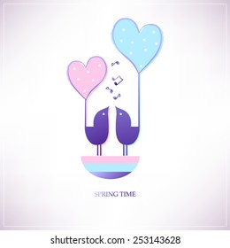 Two birds sit in the nest and sing. Cute stylized birds with their tails in the form of heart. simple Design