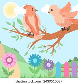 Zwei Vögel sitzen auf einem Ast in einer Sommer- oder Frühlingslandschaft. Vektorgrafik