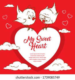 Two birds sit on top of the heart, hearts and clouds around.