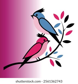 Two birds sit on tree s branch minimalistic
