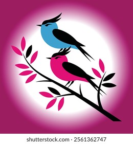 Two birds sit on tree s branch minimalistic