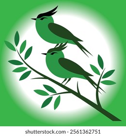Two birds sit on tree s branch minimalistic