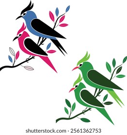 Two birds sit on tree s branch minimalistic