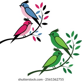 Two birds sit on tree s branch minimalistic