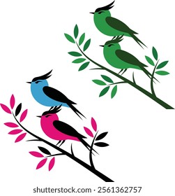 Two birds sit on tree s branch minimalistic
