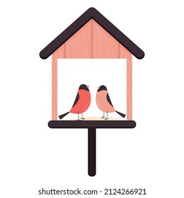 Two birds are sitting in a birdhouse. Bird feeders. Element isolated on white background