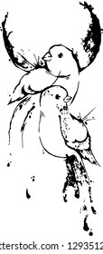Two birds sitting in front of the moon, sun in black and white. Coloring paper, page, book