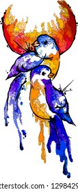 Two birds sitting in front of the moon, sun in watercolor. Vector illustration with outlines