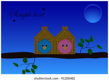 Two birds sitting in houses on a tree branch under full moon