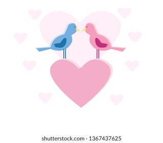 Two birds sitting with a lip locked position on a pink heart symbolizing valentine vector color drawing or illustration 