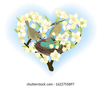 Two birds sitting at the nest on flowering branches, spring branches in the shape of a heart, vector illustration