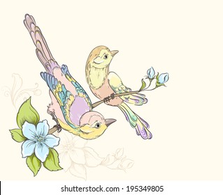 Two birds sitting on blooming cherry tree. Vector illustration. Flower background