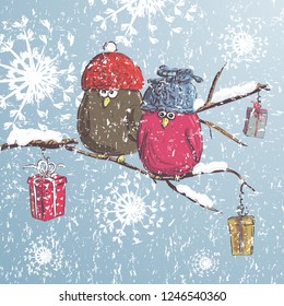 Two birds sitting on the branch with snow. Winter cartoon background. Cute birds wearing hat. Christmas card.