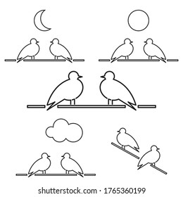 Two birds sitting on branch, couple of pigeons on the wire, line icons, black isolated on white background, vector illustration.