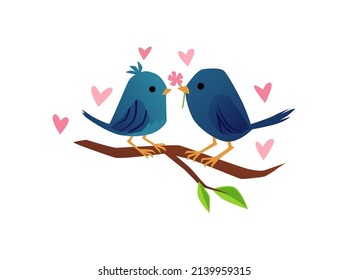 Two birds sitting on branch with leaves, romantic couple, cartoon flat vector illustration isolated on white background. Cute animal characters in love. Spring and Valentines day concept.