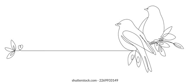 Two birds are sitting on a branch with foliage. Place for text. Single line logo. Vector illustration