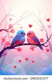 two birds sitting on branch happy valentines day celebration greeting card vertical