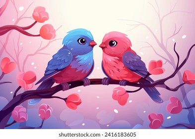 two birds sitting on branch happy valentines day celebration greeting card horizontal