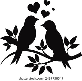 Dos pájaros sentados en la rama romántica vibración Vector Ilustración de silueta