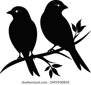 Two birds sitting on branch romantic vibe silhouette vector illustration design