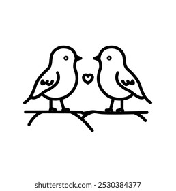 Two birds sitting on a branch with a heart symbol between them, symbolizing love.