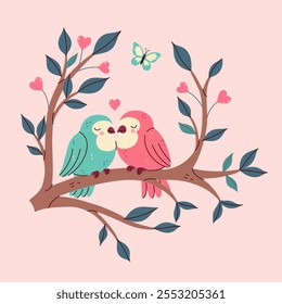 two birds sitting on a branch with hearts nearby. Vector graphics.