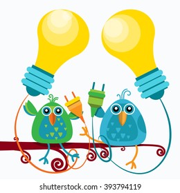 Dos Aves Sentadas En La Bombilla De La Sucursal De La Bombilla De La Luz De La Nueva Idea Concepto Ilustración Vector Plana