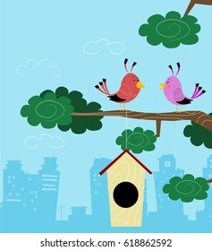 Two birds sitting on branch on city background. Vector illustration
