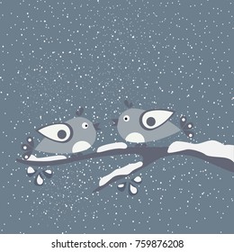 Two Birds sitting on a Branch. Hello winter card with cartoon birds a on a branch covered with snow. Winter background. Greeting card for winter background. Vector illustration.