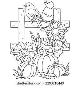 Two birds sitting on the fence sunflower pumpkin Autumn Fall season thanksgiving coloring page art