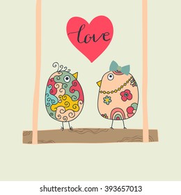 Two birds sitting on a swing, explained to each other in love and heart between them with love inscription. Vector illustration.