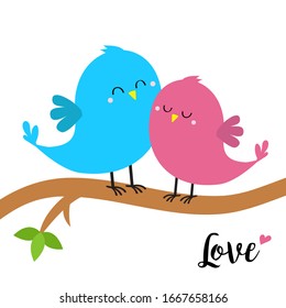 Two Birds Sitting On The Tree Branch. Word Love. Bird Hugging Set. Happy Valentines Day. Pink Heart. Cute Cartoon Kawaii Funny Baby Character. Blue Purple Color. Flat Design. White Background. Vector