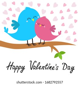 Two birds sitting on the tree branch. Bird hugging. Happy Valentines day. Pink heart set. Love card. Cute cartoon kawaii funny baby character. Blue purple color. Flat design. White background. Vector