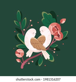 Two Birds Sitting On The Tree Branch. Word Love. Bird Hugging Set. Happy Valentines Day. Flat Design. Green Background. Vector