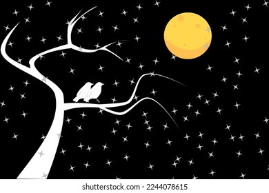 Two birds sitting on a tree and watching moon, showing love.
