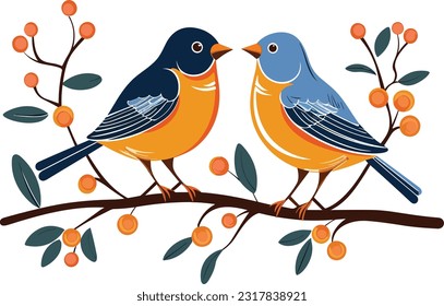 two birds sitting on the tree illustration for wall art and decoration