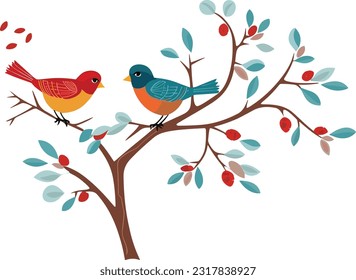 two birds sitting on the tree illustration for wall art and decoration