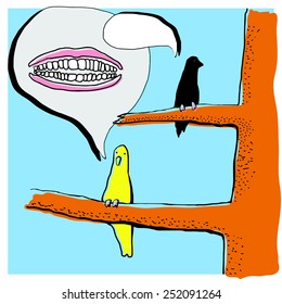 Two birds sitting on the tree is talking 
