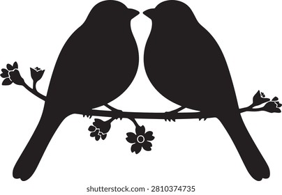 Two birds sitting on tree branch with blossoms in nature silhouette vector style isolated graphic for romantic design.