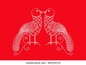 Two birds are sitting on a tree branch. Doodle style.