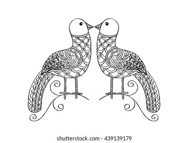 Two birds are sitting on a tree branch. Doodle style.