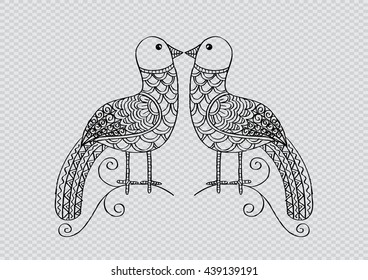 Two birds are sitting on a tree branch. Doodle style.