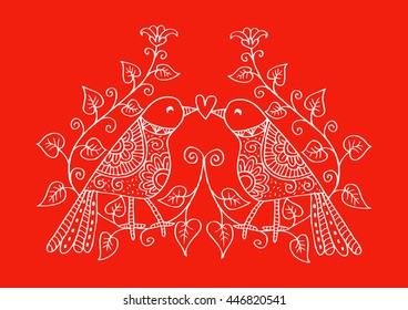 Two birds are sitting on a tree branch. Zentangle style.