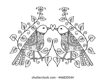 Two birds are sitting on a tree branch. Zentangle style.