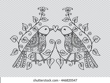 Two birds are sitting on a tree branch. Zentangle style.