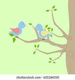 Two birds sitting on a tree with branches.