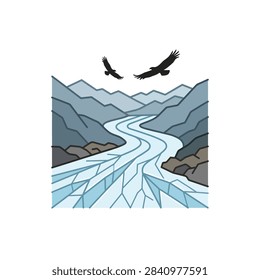 Two birds soar above a winding frozen river surrounded by majestic mountains.